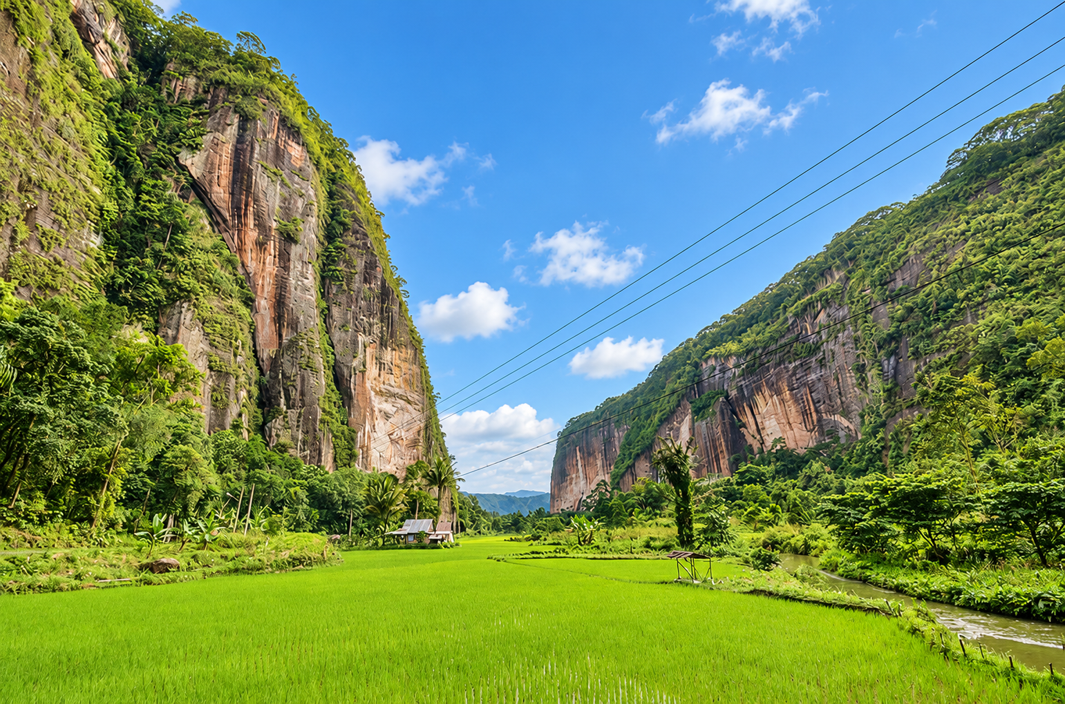Sawah dan tebing di Lembah Harau dengan suasana cerah